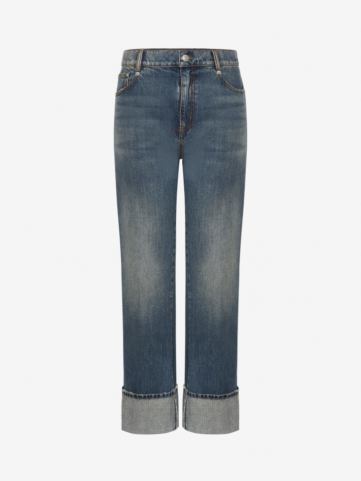 Women's Baggy Boyfriend Denim Jeans Fashion Alexander McQueen Washed Blue