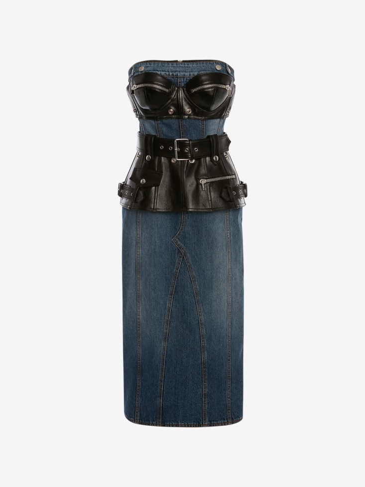 Fashion Alexander McQueen Women's Hybrid Biker Denim Dress Denim