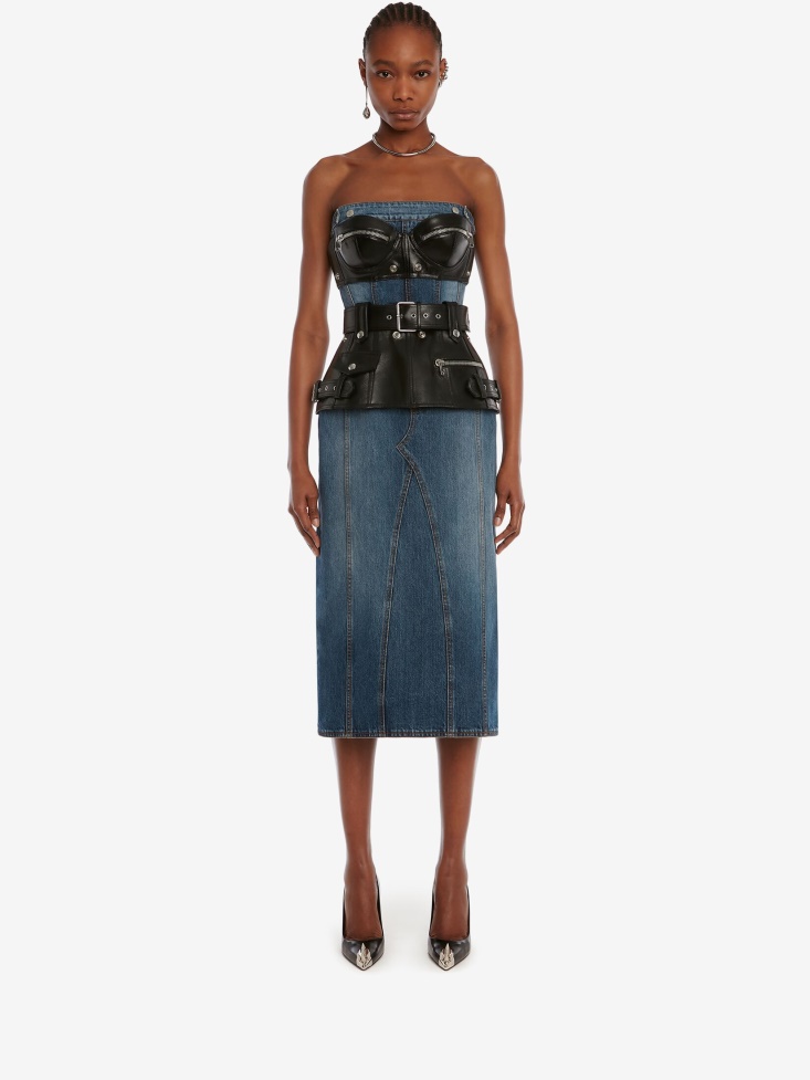 Fashion Alexander McQueen Women's Hybrid Biker Denim Dress Denim