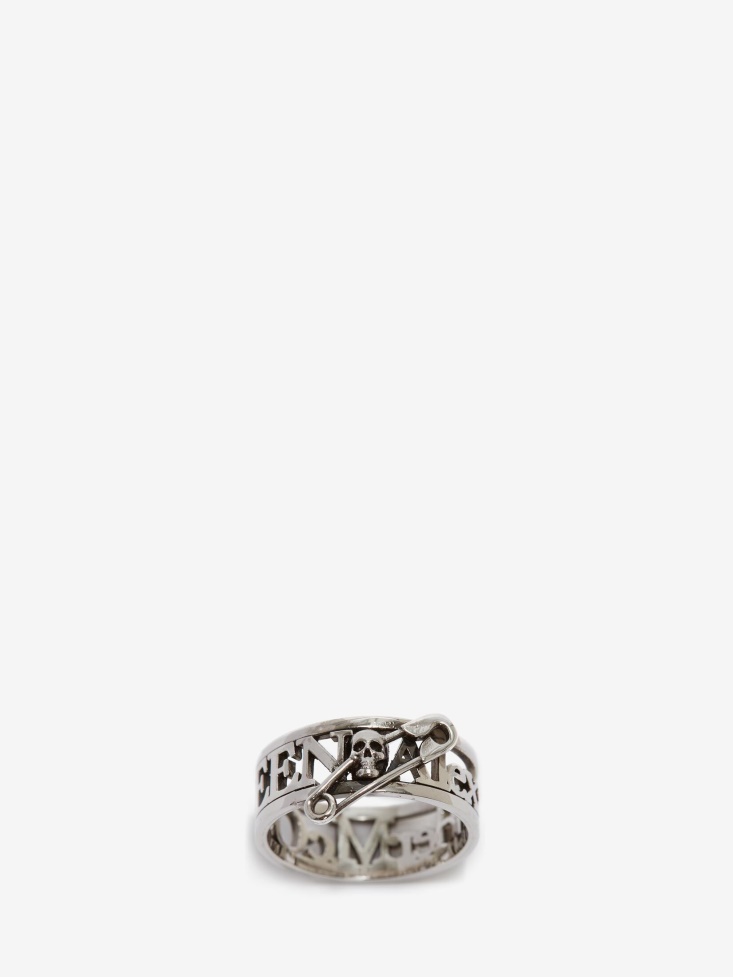 Antique Silver Fashion Alexander McQueen Men's Skull Safety Pin Ring