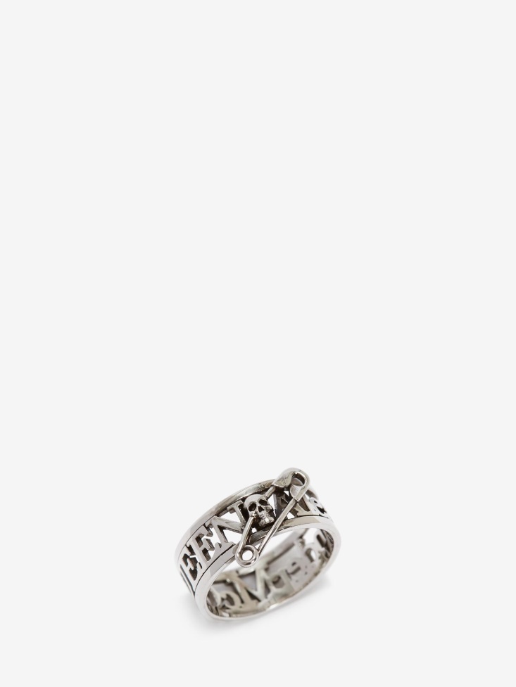 Antique Silver Fashion Alexander McQueen Men's Skull Safety Pin Ring