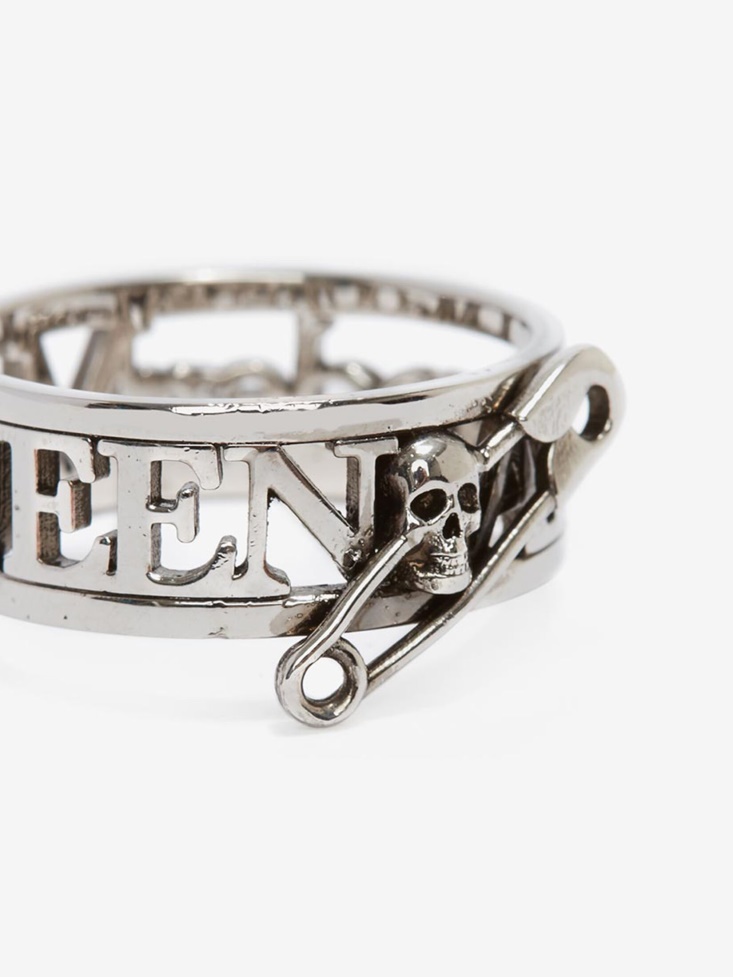 Antique Silver Fashion Alexander McQueen Men's Skull Safety Pin Ring