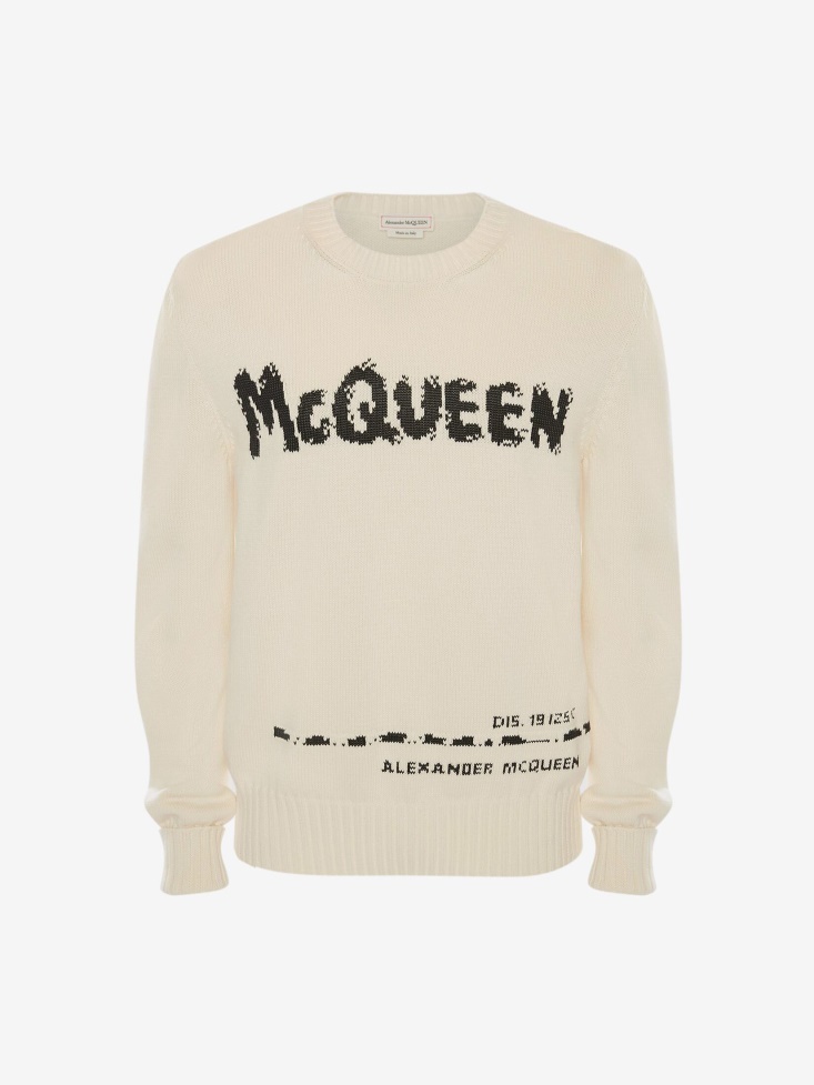Fashion Alexander McQueen Men's in Graffiti Crew Neck Jumper Ivory/Black