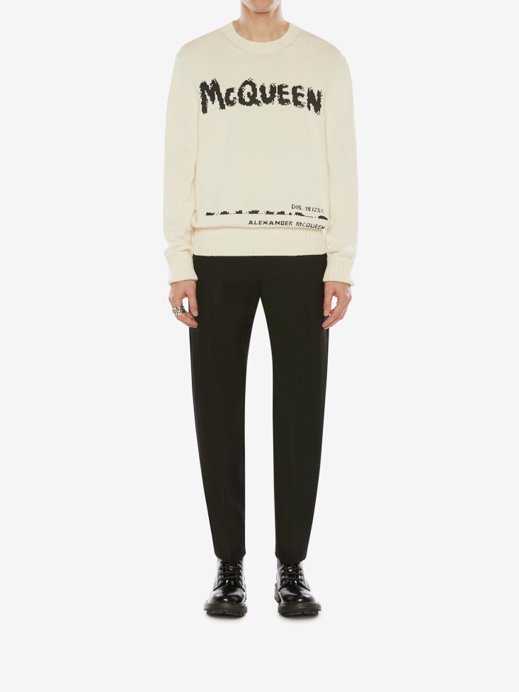 Fashion Alexander McQueen Men's in Graffiti Crew Neck Jumper Ivory/Black