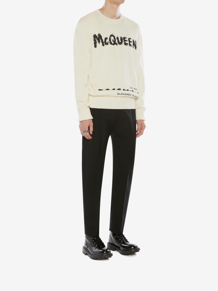Fashion Alexander McQueen Men's in Graffiti Crew Neck Jumper Ivory/Black