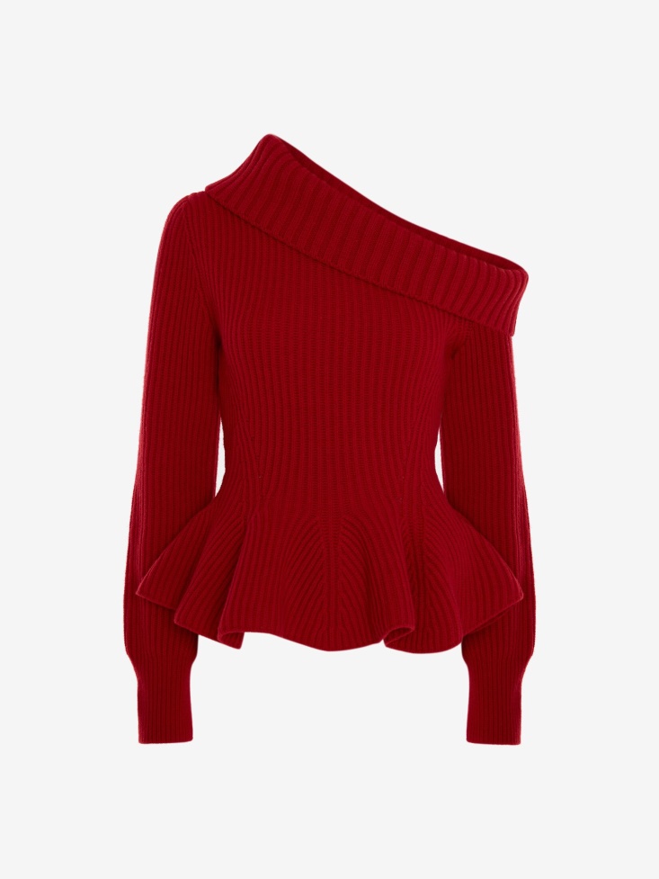 Fashion Alexander McQueen Women's One-Shoulder Peplum Jumper Welsh Red