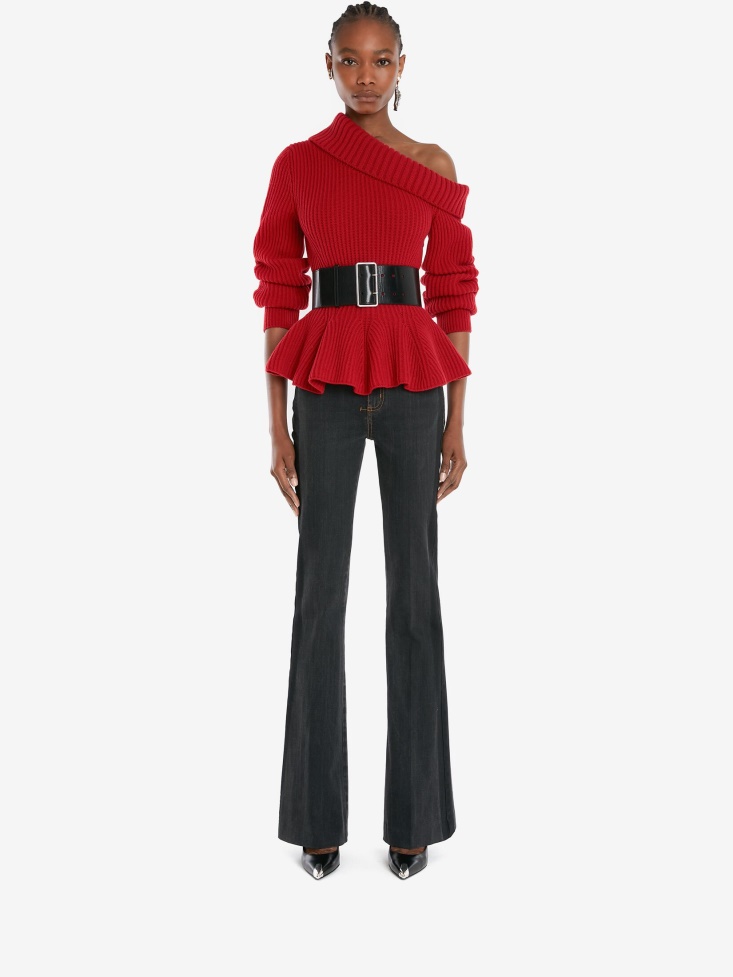 Fashion Alexander McQueen Women's One-Shoulder Peplum Jumper Welsh Red