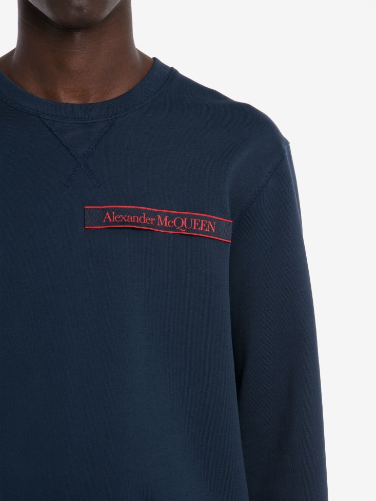 Ink Blue Men's Selvedge Logo Tape Sweatshirt Fashion Alexander McQueen