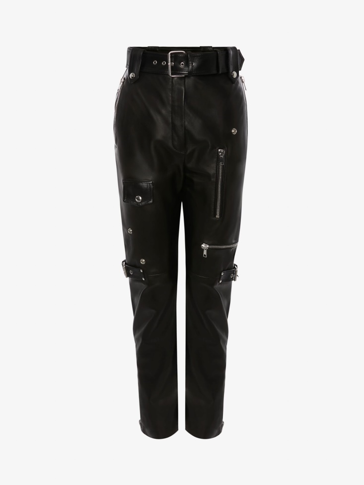 Fashion Alexander McQueen Women's Leather Biker Trousers Black
