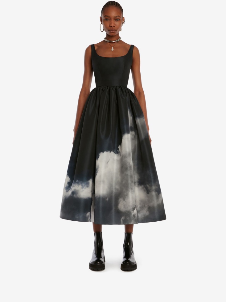 Women's Storm Print Open Back Midi Dress Fashion Alexander McQueen Black