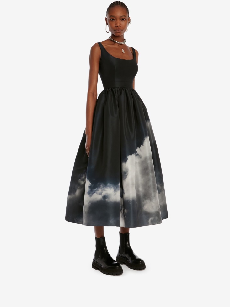Women's Storm Print Open Back Midi Dress Fashion Alexander McQueen Black