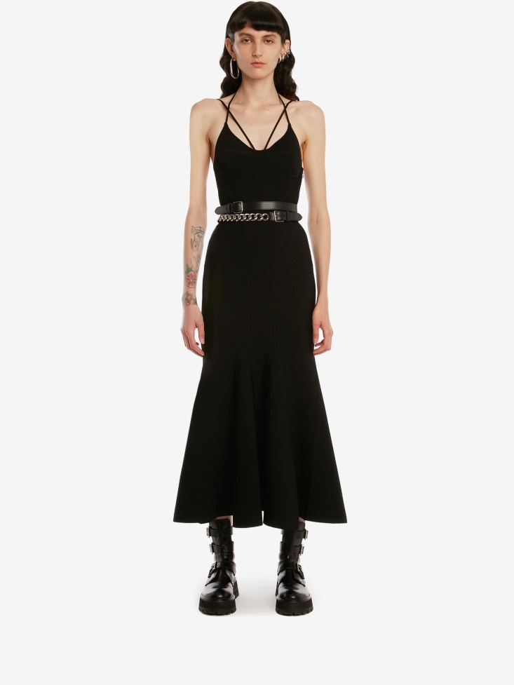 Women's Fluted Knit Midi Dress Fashion Alexander McQueen Black