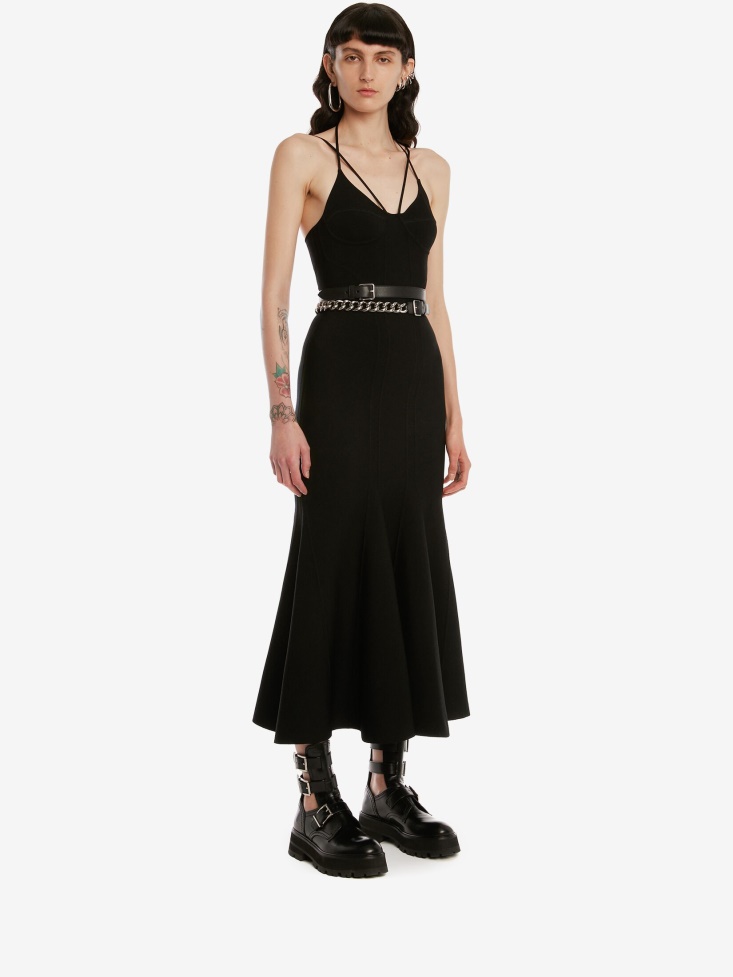 Women's Fluted Knit Midi Dress Fashion Alexander McQueen Black