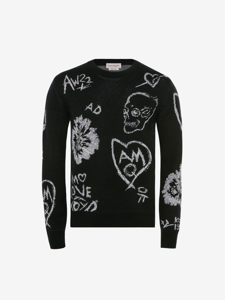 Fashion Alexander McQueen Black/Silver Men's Wool Tree Graffiti Jumper