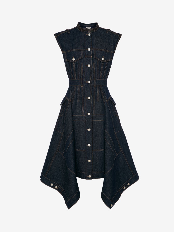 Women's Pieced And Patched Denim Midi Dress Fashion Alexander McQueen Washed Blue