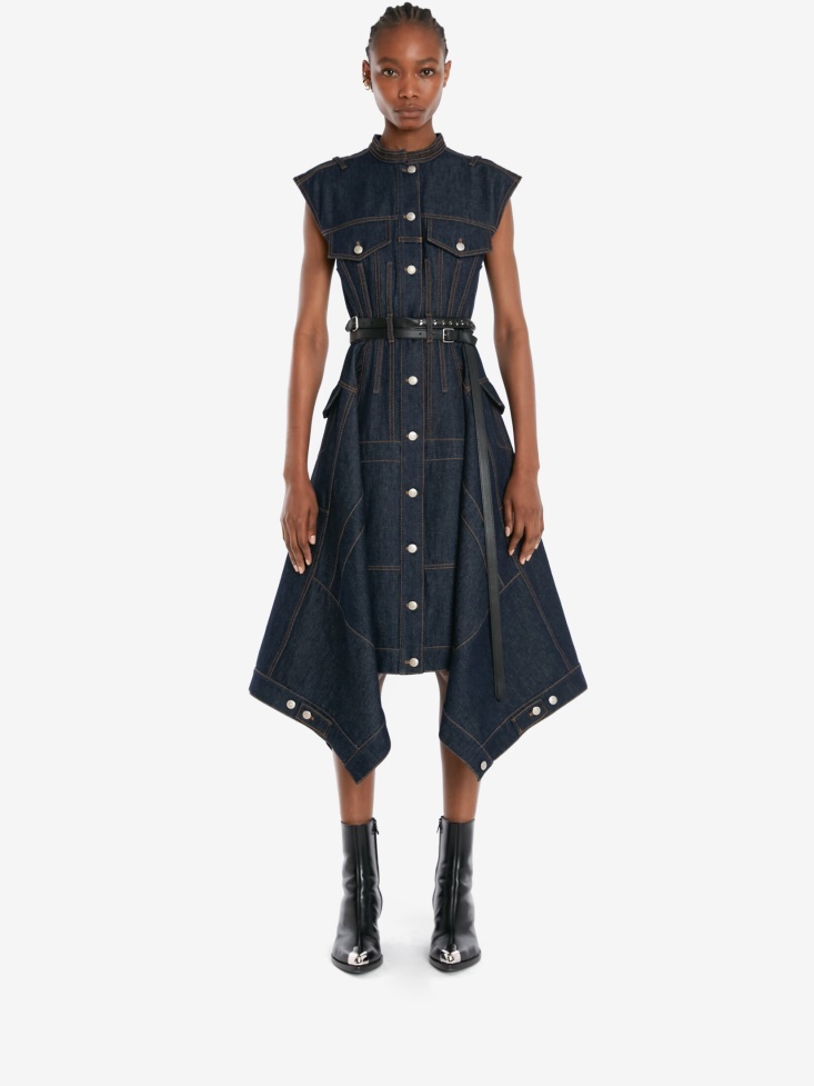 Women's Pieced And Patched Denim Midi Dress Fashion Alexander McQueen Washed Blue