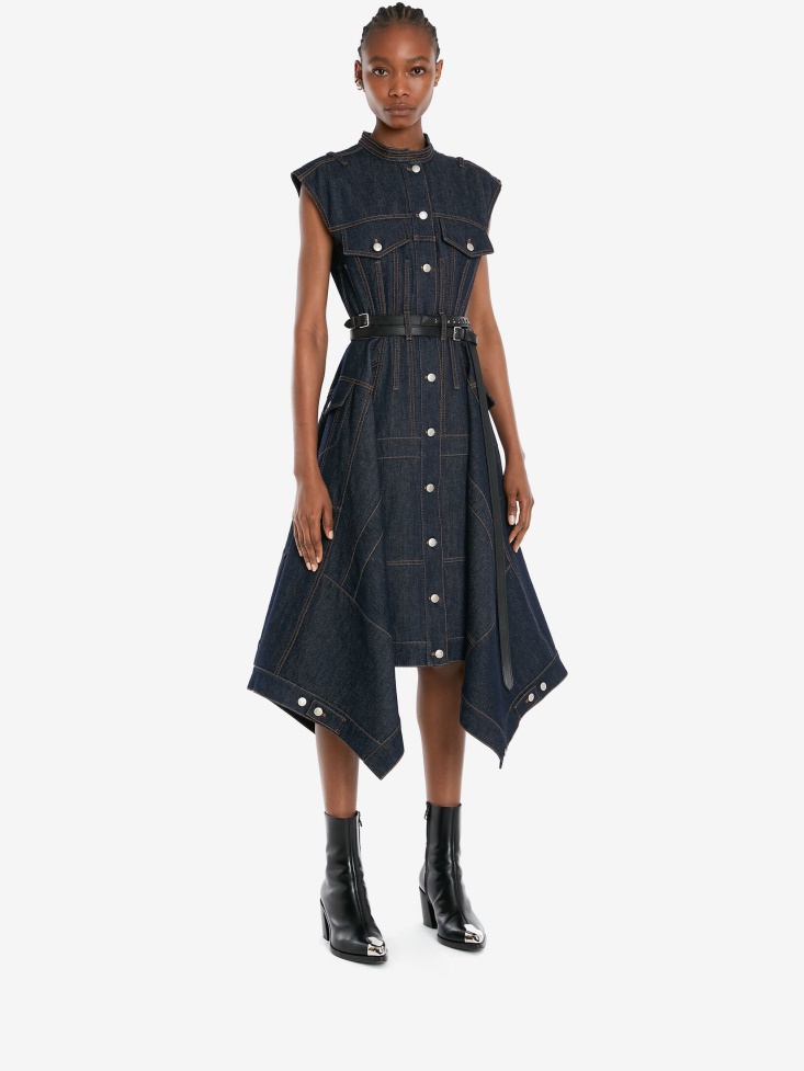 Women's Pieced And Patched Denim Midi Dress Fashion Alexander McQueen Washed Blue