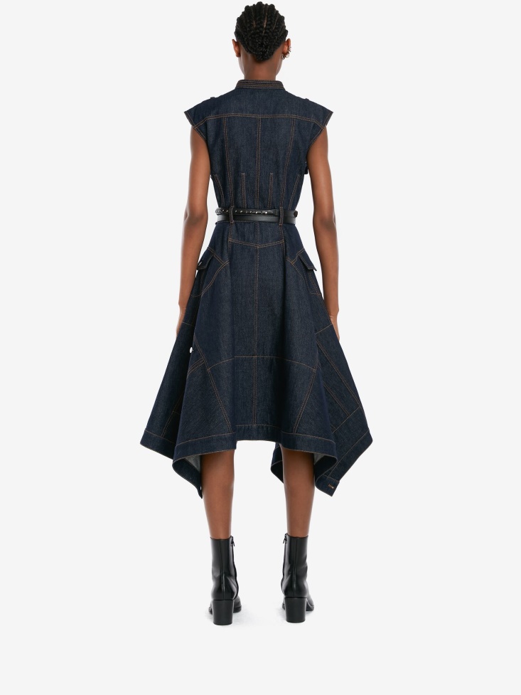 Women's Pieced And Patched Denim Midi Dress Fashion Alexander McQueen Washed Blue
