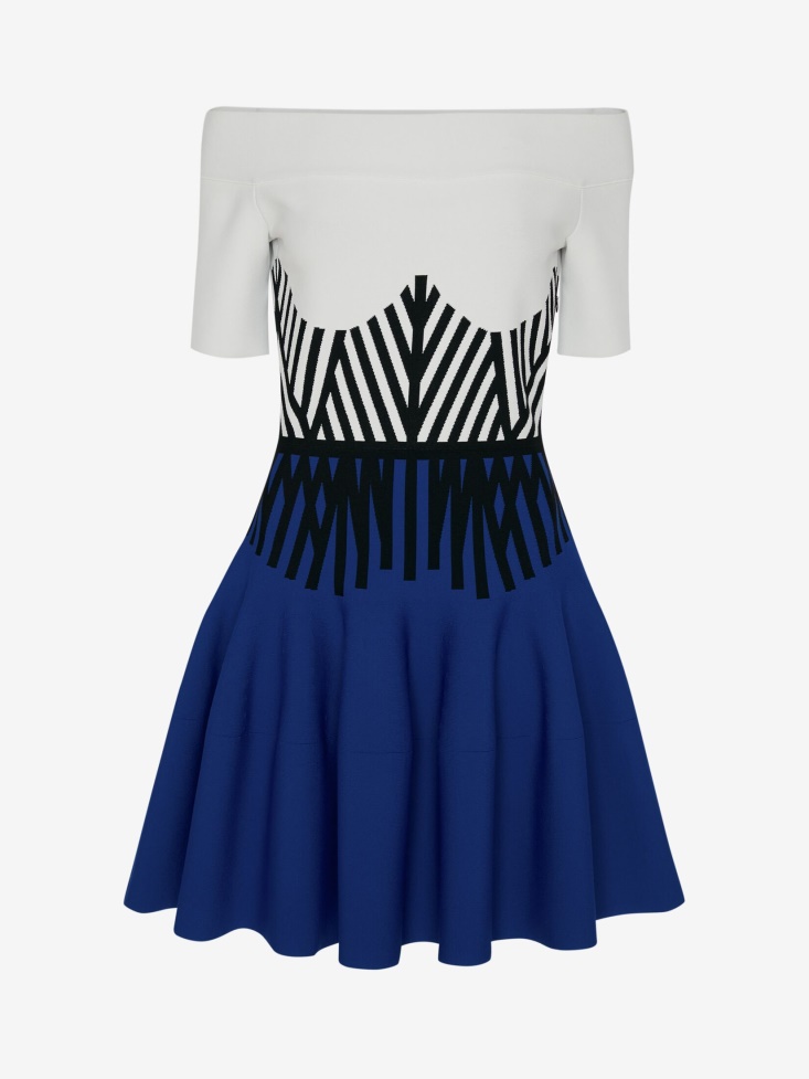 Fashion Alexander McQueen White/Electric Blue Women's Engineered Corset Off-The-Shoulder Mini Dress