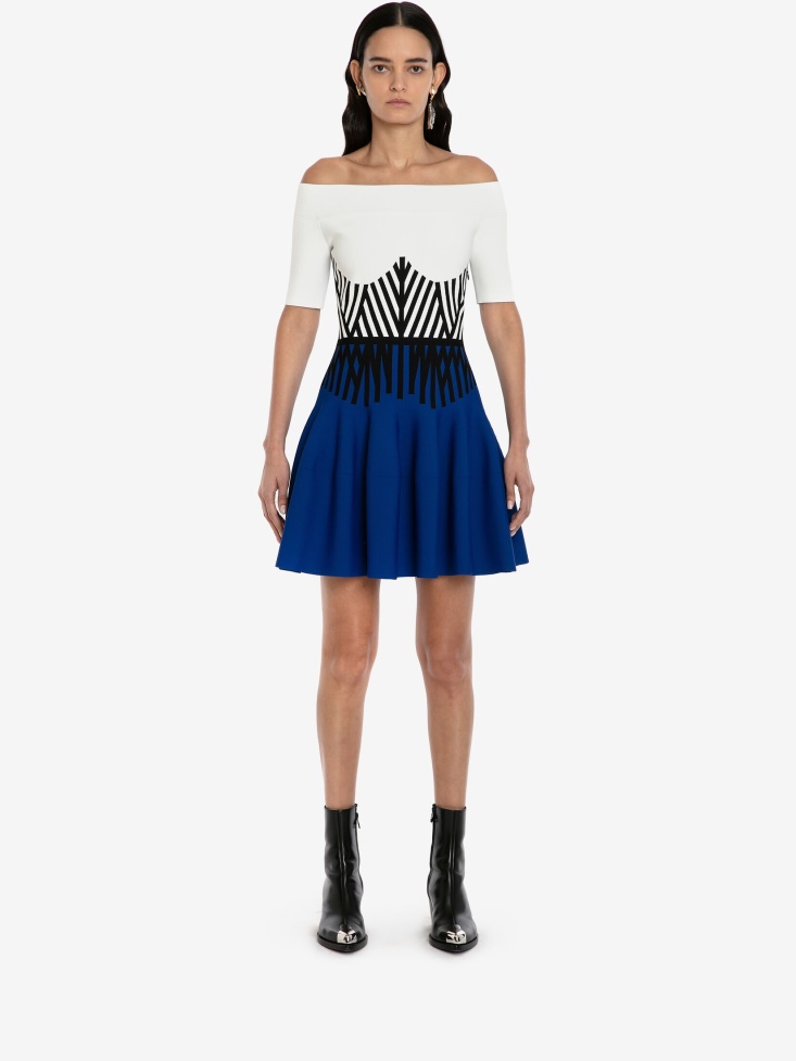 Fashion Alexander McQueen White/Electric Blue Women's Engineered Corset Off-The-Shoulder Mini Dress