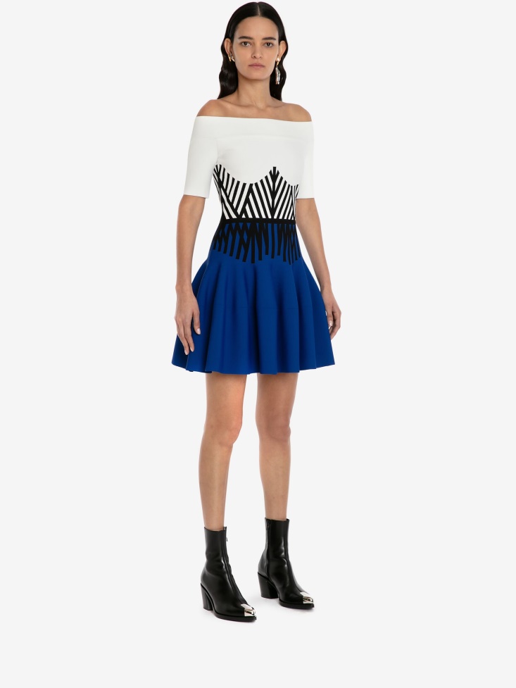 Fashion Alexander McQueen White/Electric Blue Women's Engineered Corset Off-The-Shoulder Mini Dress