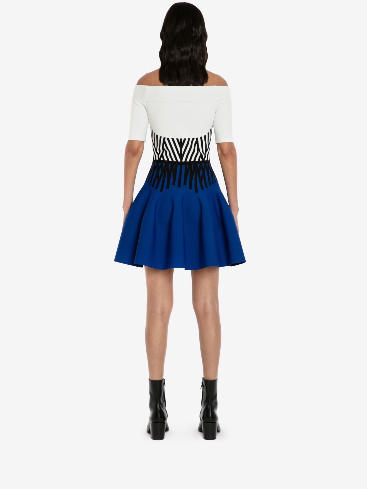 Fashion Alexander McQueen White/Electric Blue Women's Engineered Corset Off-The-Shoulder Mini Dress