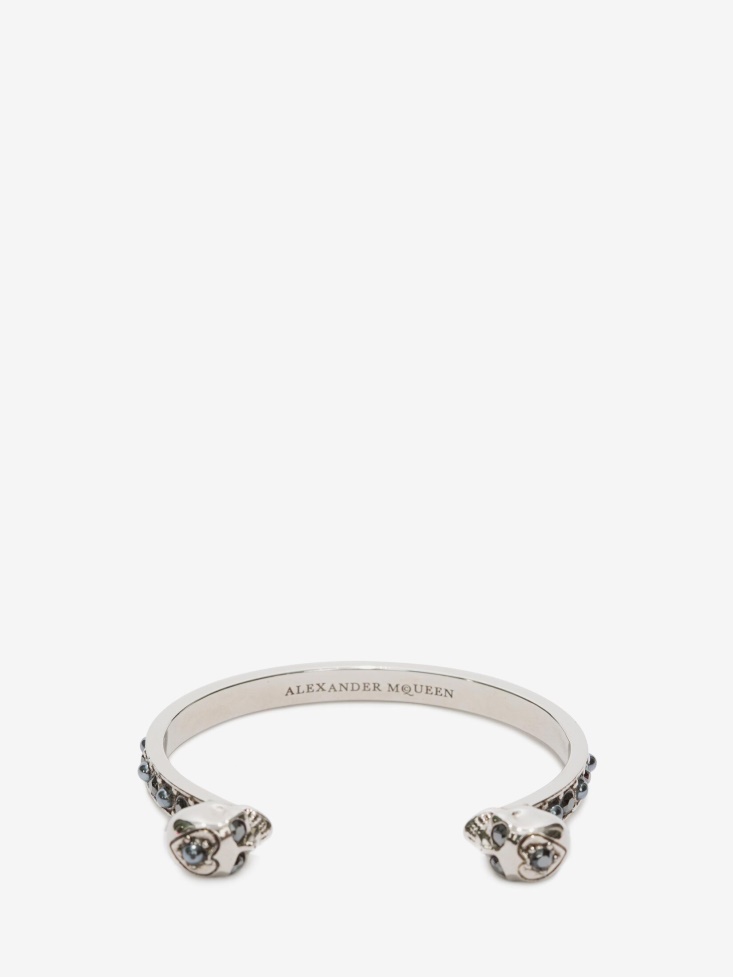 Fashion Alexander McQueen Women's Thin Twin Skull Bracelet Antique Silver