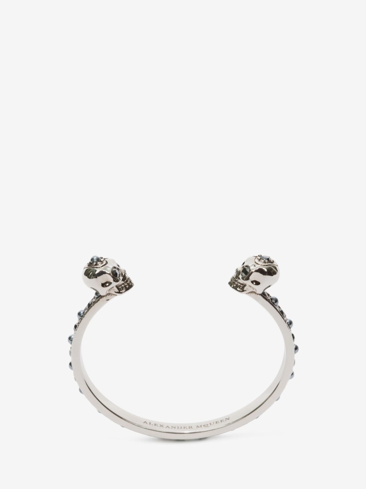Fashion Alexander McQueen Women's Thin Twin Skull Bracelet Antique Silver