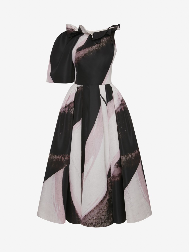 Fashion Alexander McQueen Women's Graphic Brushstroke Asymmetric One-Sleeve Dress Black/Ivory