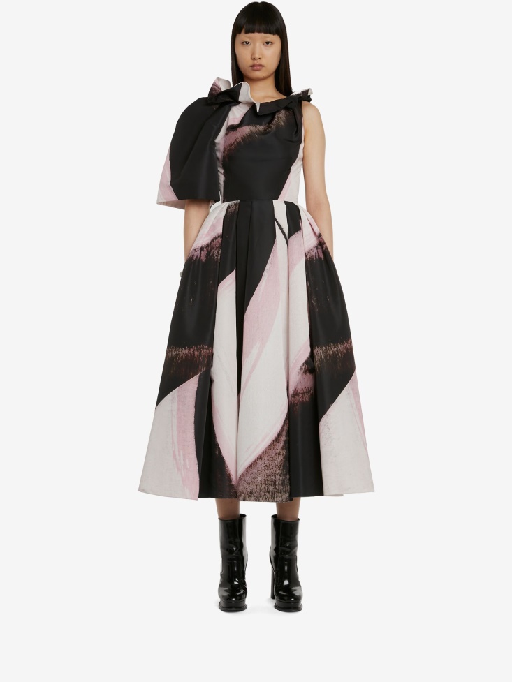Fashion Alexander McQueen Women's Graphic Brushstroke Asymmetric One-Sleeve Dress Black/Ivory
