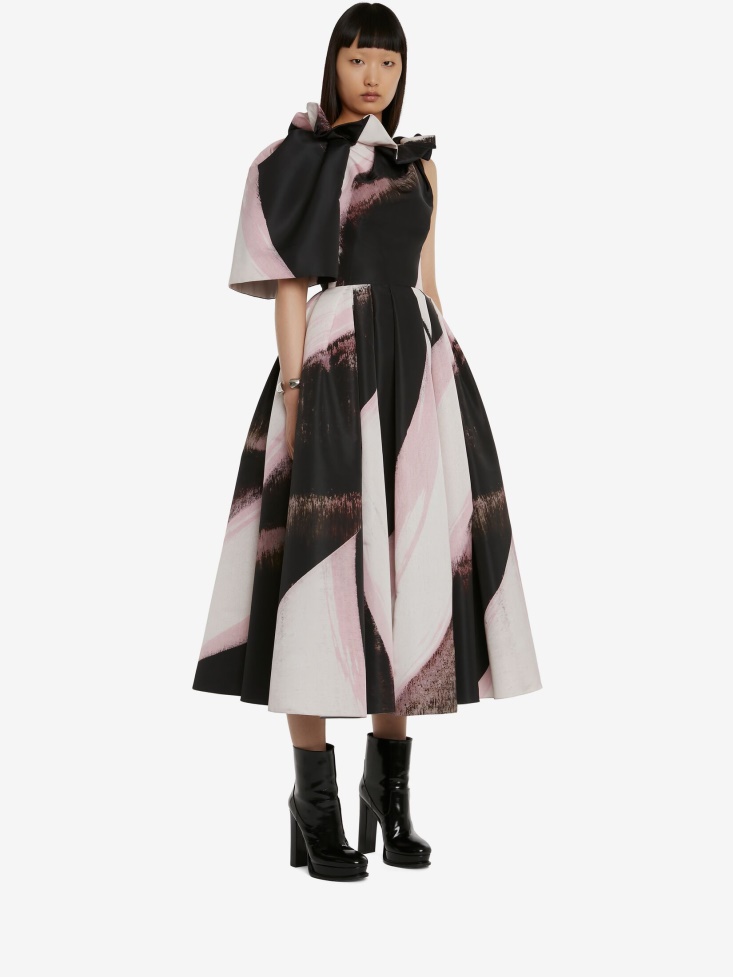 Fashion Alexander McQueen Women's Graphic Brushstroke Asymmetric One-Sleeve Dress Black/Ivory