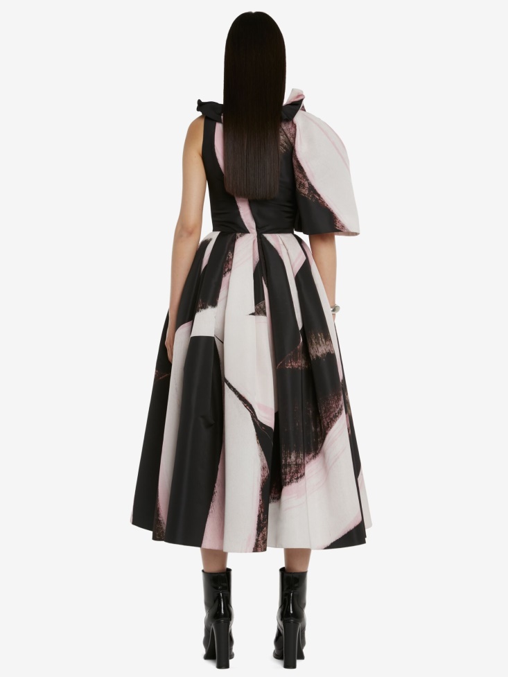 Fashion Alexander McQueen Women's Graphic Brushstroke Asymmetric One-Sleeve Dress Black/Ivory