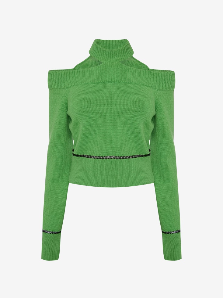Women's Slashed Off-The-Shoulder Jumper Acid Green/Black Fashion Alexander McQueen