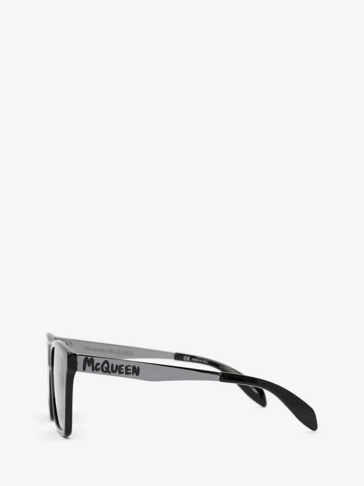 Black/Grey Fashion Alexander McQueen Men's in Graffiti Rectangular Sunglasses With Metal Temples