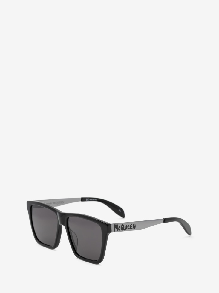Black/Grey Fashion Alexander McQueen Men's in Graffiti Rectangular Sunglasses With Metal Temples