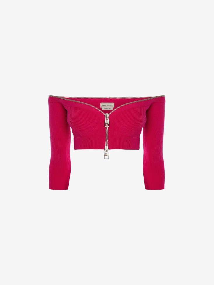 Fashion Alexander McQueen Bobby Pink Women's Off-The-Shoulder Zip Knit Top