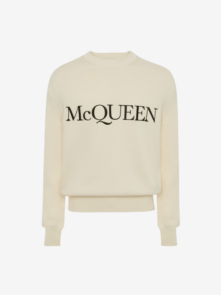 Fashion Alexander McQueen Ivory/Black Men's in Embroidered Crew Neck Jumper