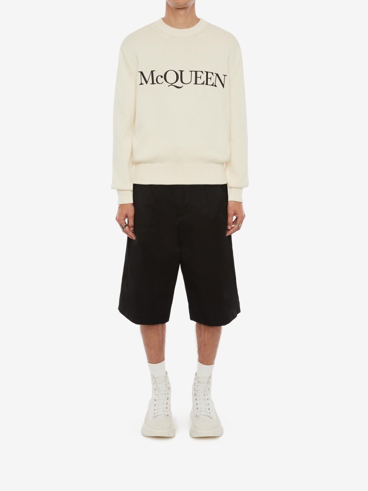 Fashion Alexander McQueen Ivory/Black Men's in Embroidered Crew Neck Jumper