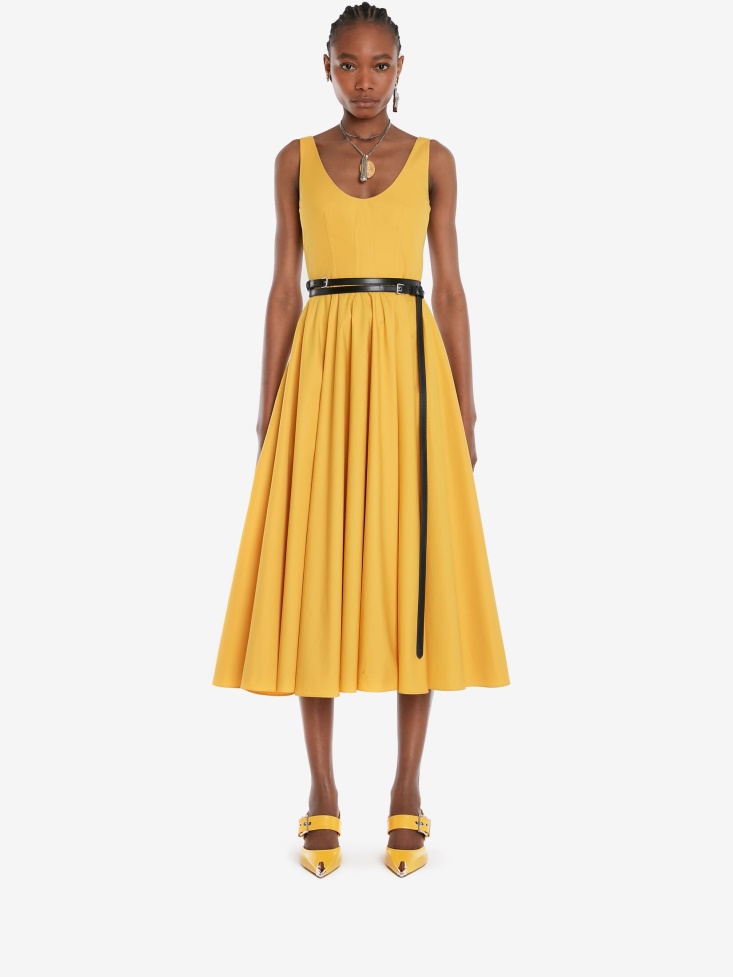 Pop Yellow Women's Cotton Poplin Scoop Neck Midi Dress Fashion Alexander McQueen