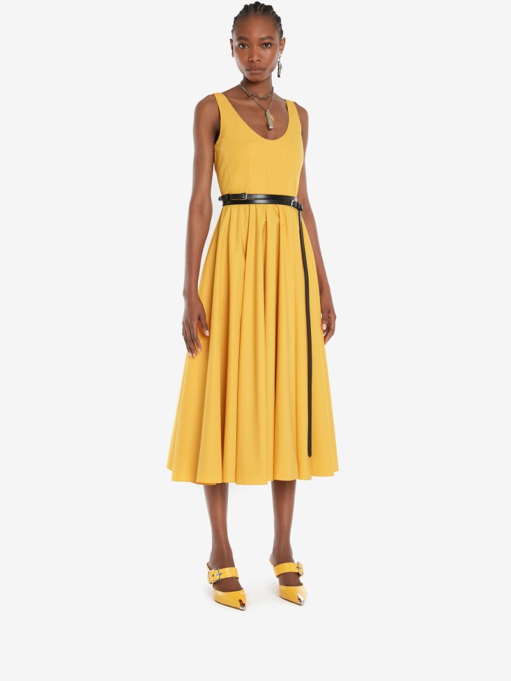 Pop Yellow Women's Cotton Poplin Scoop Neck Midi Dress Fashion Alexander McQueen