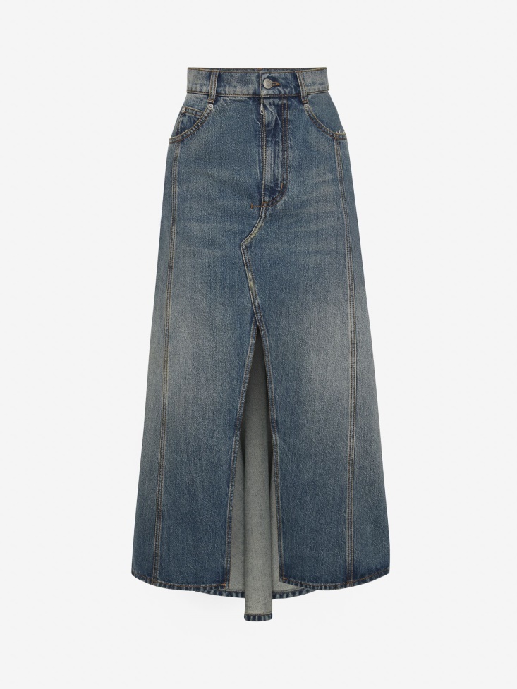 Washed Blue Fashion Alexander McQueen Women's Pleated Denim Midi Skirt