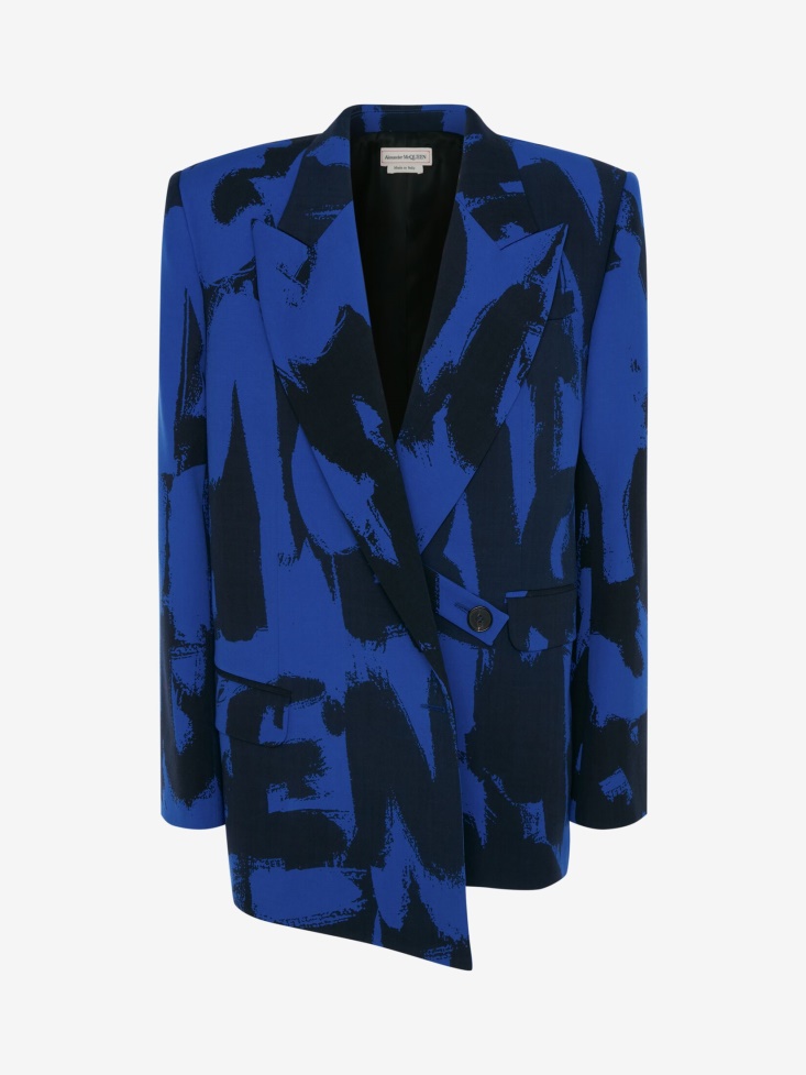 Fashion Alexander McQueen Electric Blue/Black Women's Double-Breasted in Graffiti Boxy Jacket