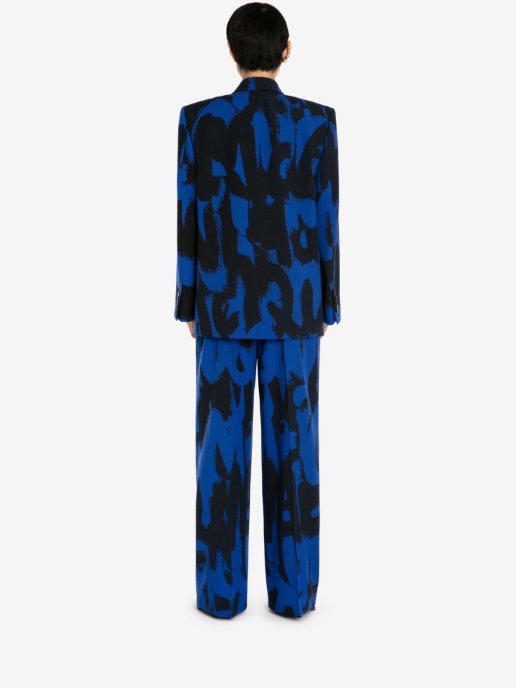 Fashion Alexander McQueen Electric Blue/Black Women's Double-Breasted in Graffiti Boxy Jacket