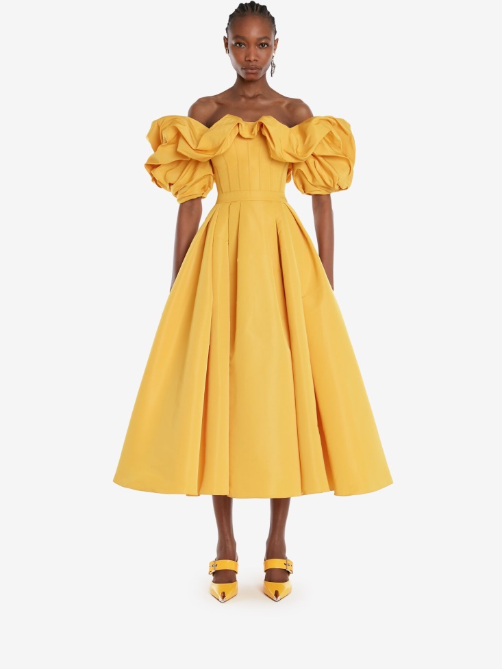 Pop Yellow Women's Off-The-Shoulder Corset Dress Fashion Alexander McQueen