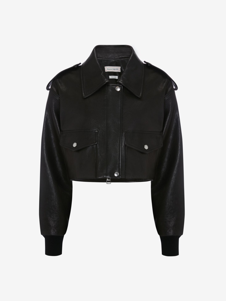 Women's Leather Cropped Aviator Jacket Fashion Alexander McQueen Black