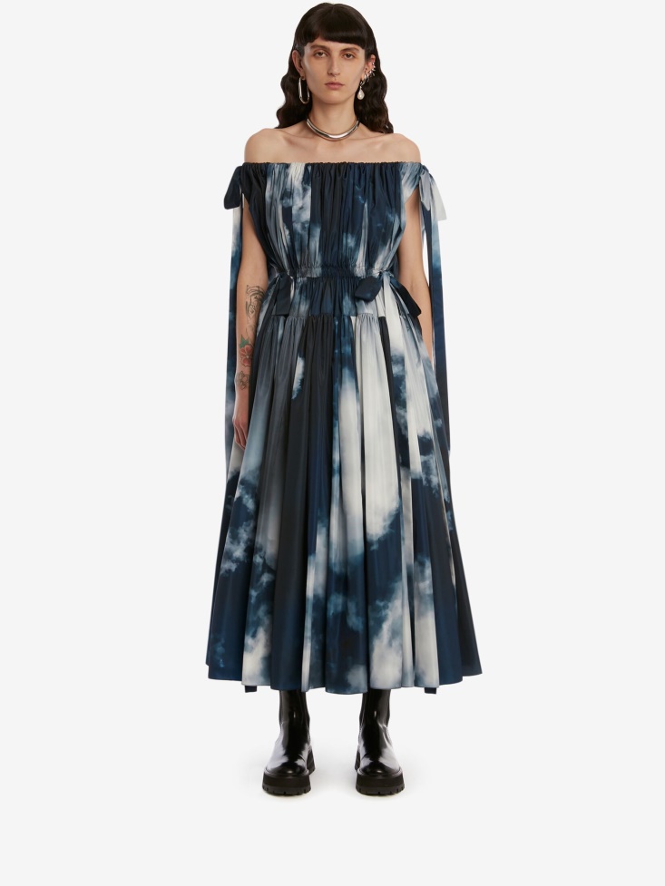 Women's Off-The-Shoulder Bow Midi Dress Fashion Alexander McQueen Blue