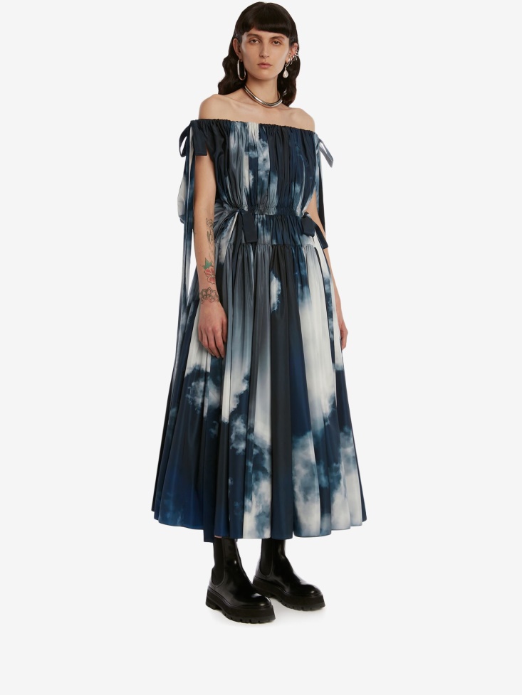 Women's Off-The-Shoulder Bow Midi Dress Fashion Alexander McQueen Blue