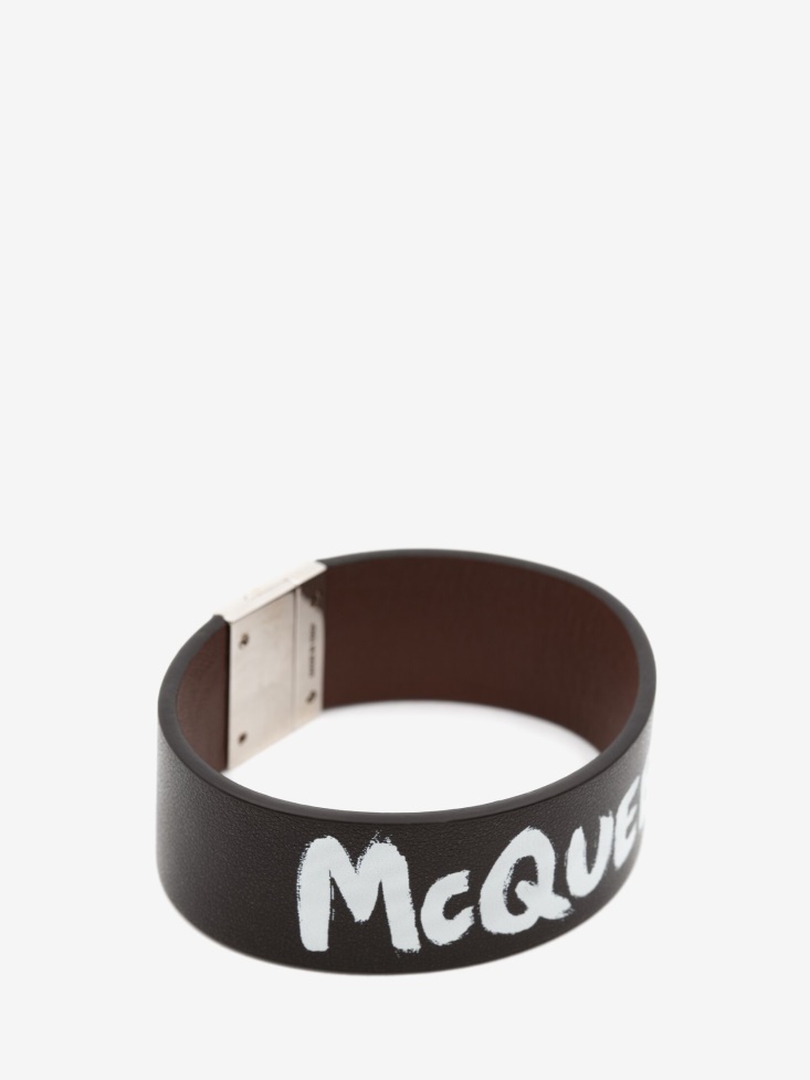 Fashion Alexander McQueen Men's in Graffiti Leather Cuff Black/White