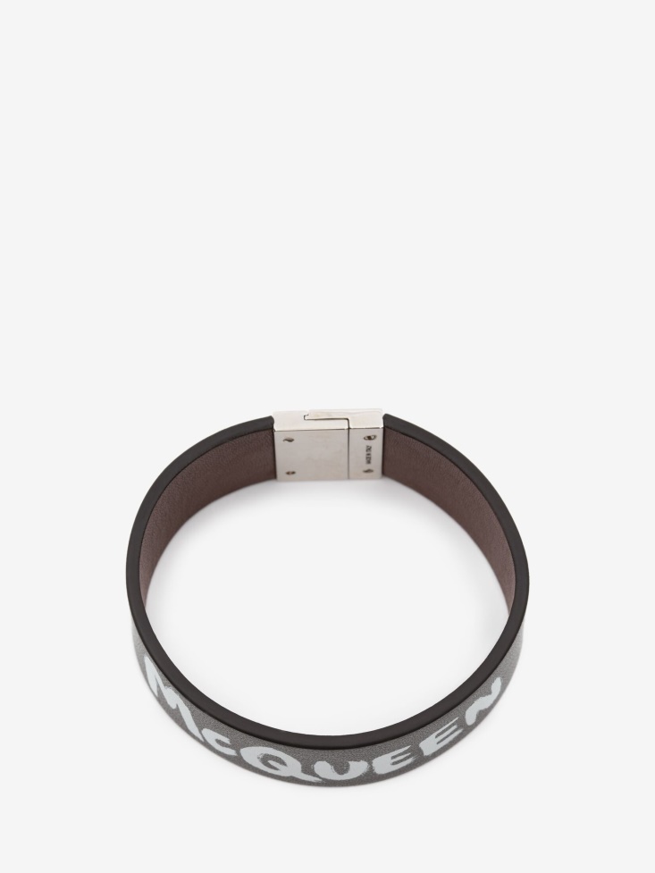 Fashion Alexander McQueen Men's in Graffiti Leather Cuff Black/White