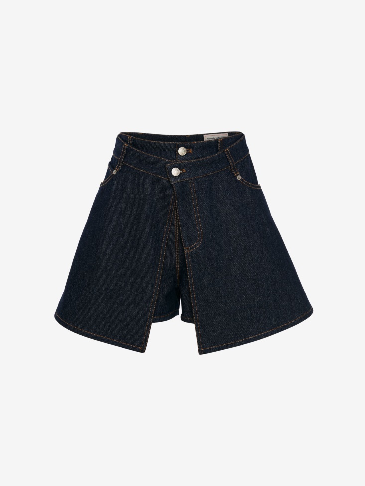 Washed Blue Women's Denim Trompe L'Oeil Shorts Fashion Alexander McQueen